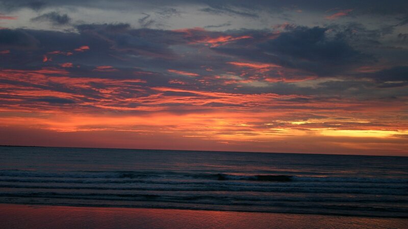 Ocean at Sunset — Orange, Dramatic, Photograph, Sky, Clouds, Waves, Red, Dark Blue