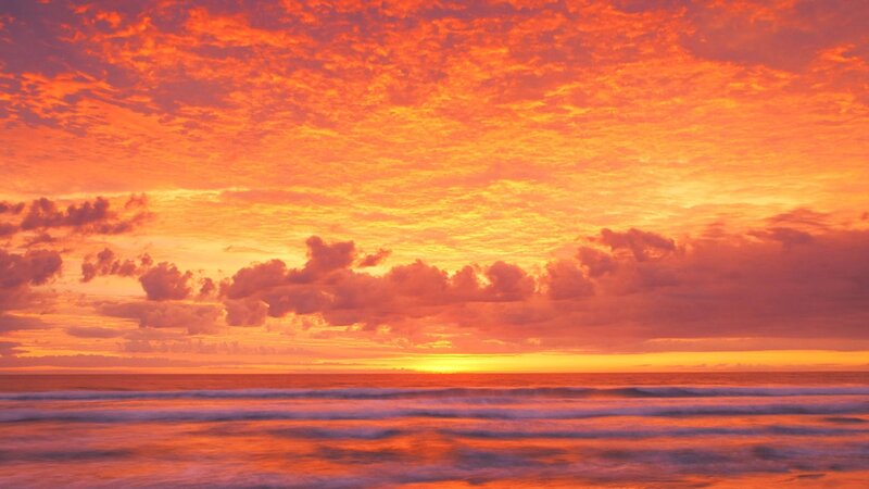 Ocean at Sunset — Orange, Dramatic, Photograph, Sky, Clouds, Waves