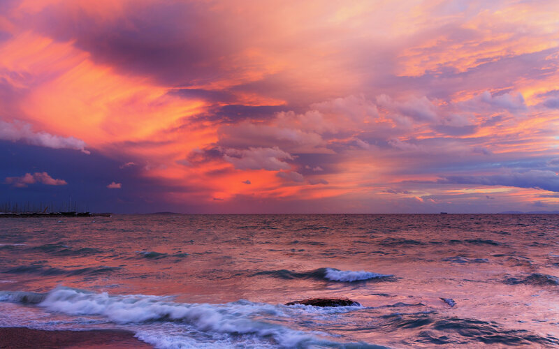 Ocean at Sunset — Orange, Dramatic, Photograph, Sky, Waves, Clouds