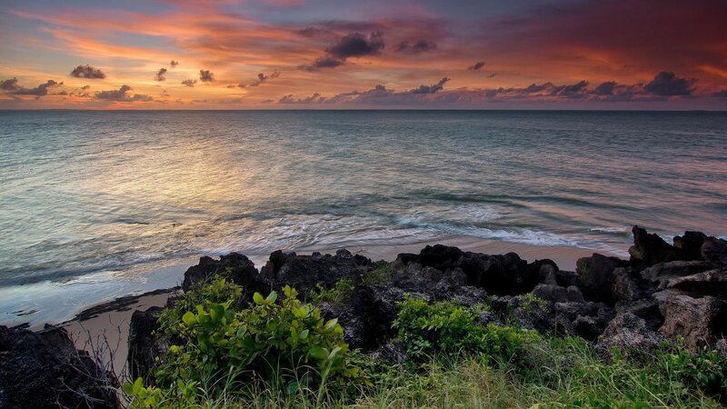 Ocean at Sunset — Orange, Serene, Photograph, Rocks