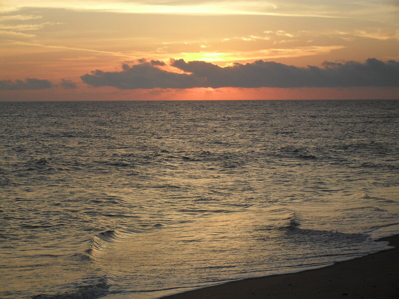 Ocean at Sunset — Orange, Serene, Photograph, Sky, Clouds, Sand