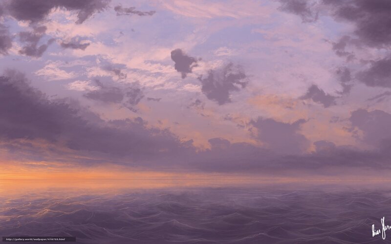 Ocean at Sunset — Purple, Serene, Digital Art