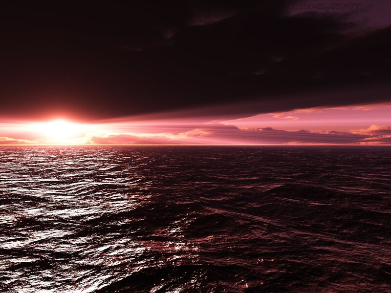 Ocean at Sunset — Red, Dramatic, Digital Art