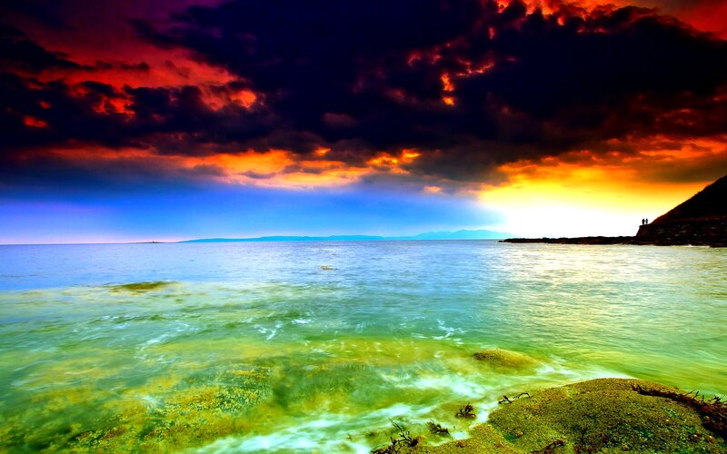 Ocean at Sunset — Red, Dramatic, Photograph, Clouds, Sea
