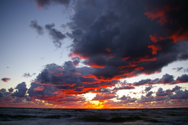 Ocean at Sunset — Red, Dramatic, Photograph, Clouds, Sky