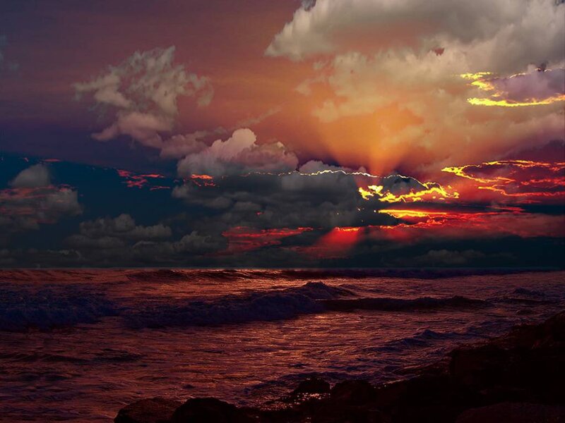 Ocean at Sunset — Red, Dramatic, Photograph, Clouds