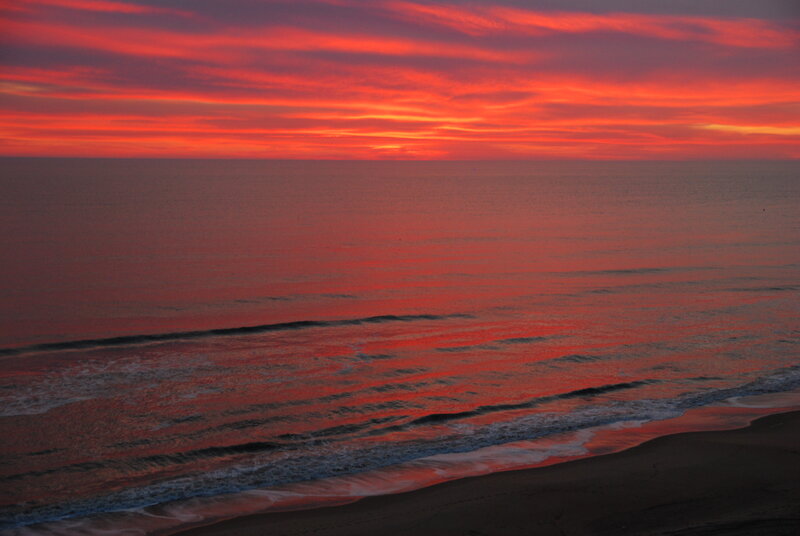 Ocean at Sunset — Red, Dramatic, Photograph, Sky, Beach