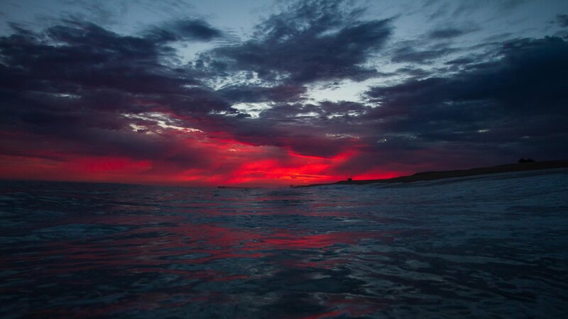 Ocean at Sunset — Red, Dramatic, Photograph, Sky, Clouds, Beach