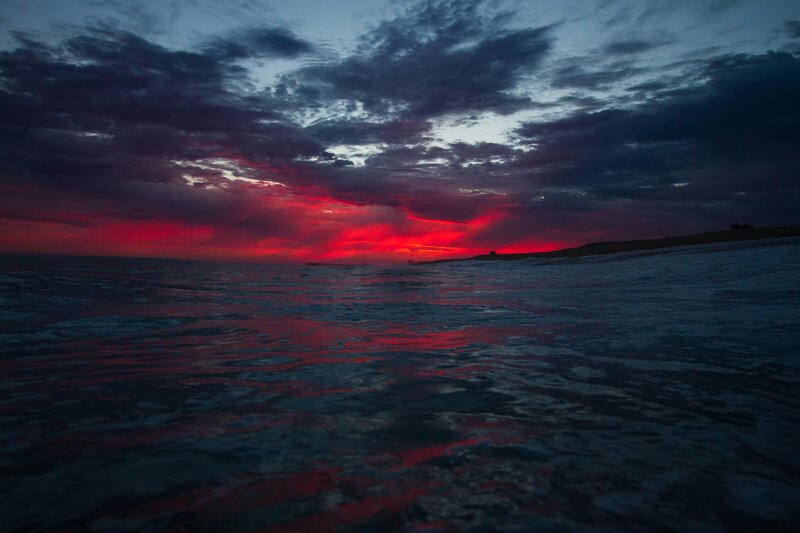 Ocean at Sunset — Red, Dramatic, Photograph, Sky, Clouds, Sand