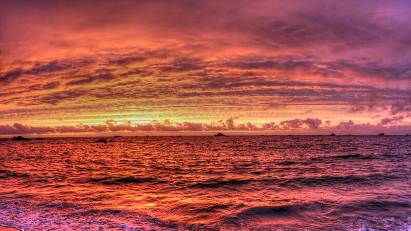 Ocean at Sunset — Red, Dramatic, Photograph, Sky, Clouds
