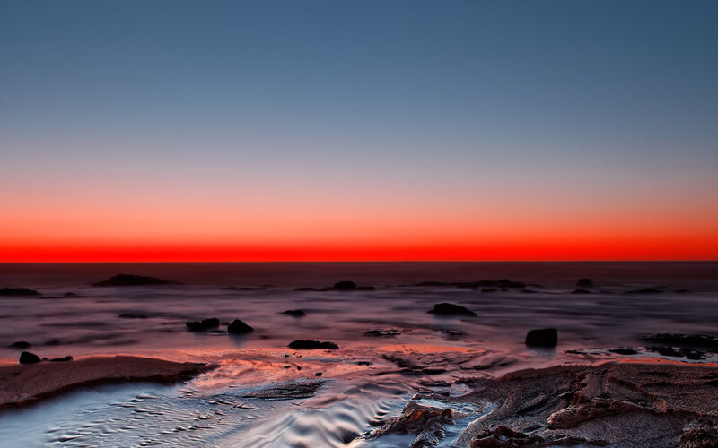Ocean at Sunset — Red, Dramatic, Photograph, Sky, Rocks