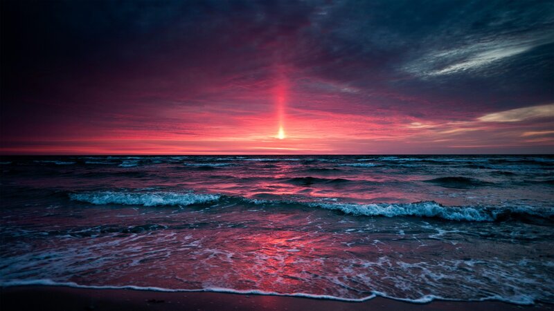 Ocean at Sunset — Red, Dramatic, Photograph, Sky, Waves, Sand, Purple, Blue