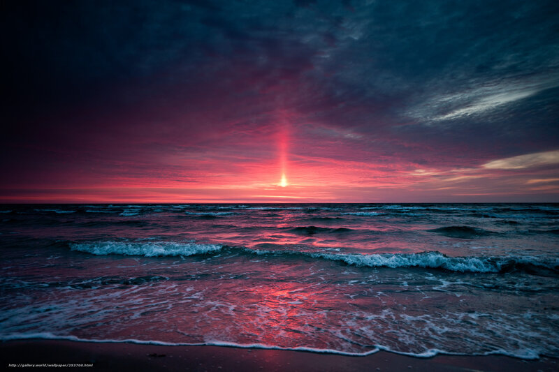 Ocean at Sunset — Red, Dramatic, Photograph, Sky, Waves, Sand