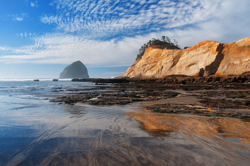 Ocean beach with sea stack and cliffs