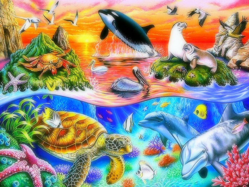 Ocean Life at Sunset — Blue
