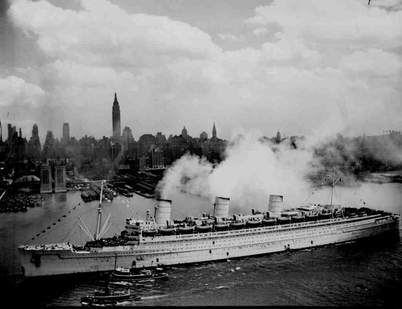 Ocean liner in New York harbor