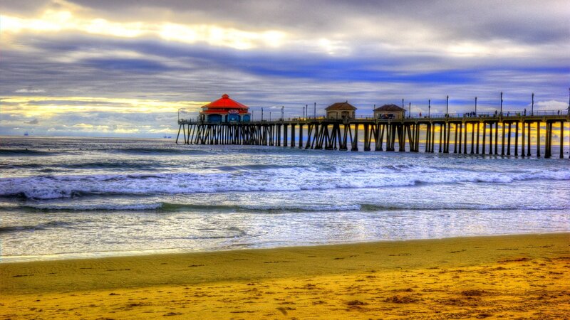 Ocean Pier at Sunset — Yellow, Dramatic, Photograph