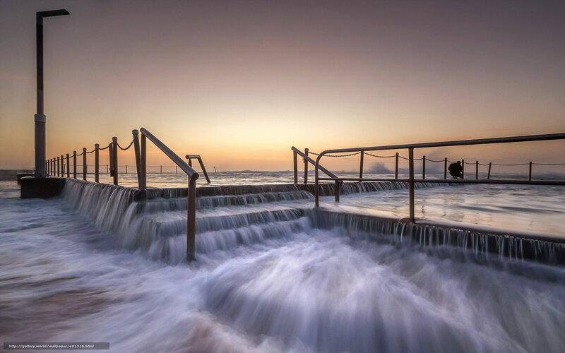 Ocean Pool at Sunset — Orange, Serene, Photograph, Railing