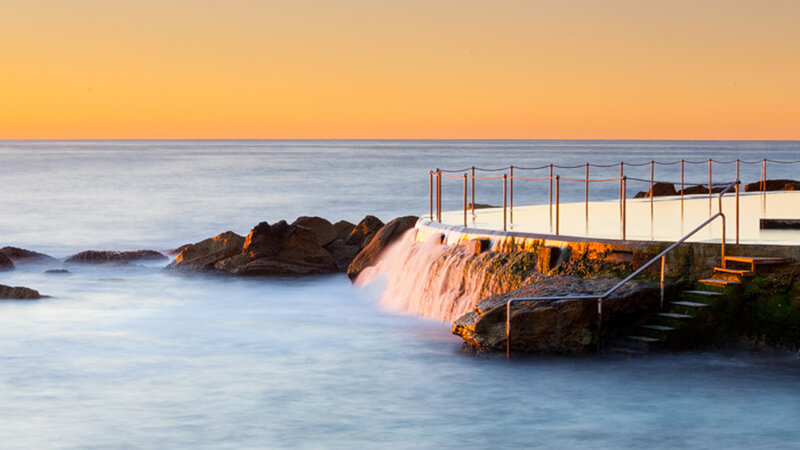 Ocean Pool at Sunset — Orange, Serene, Photograph, Rocks