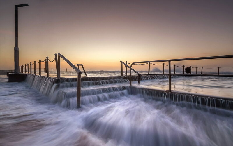 Ocean Pool at Sunset — Orange, Serene, Photograph