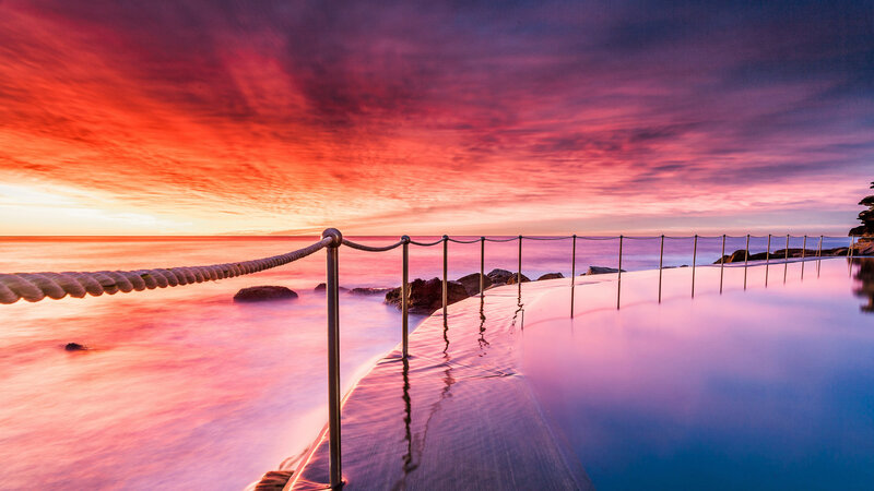 Ocean Pool at Sunset — Red, Dramatic, Photograph