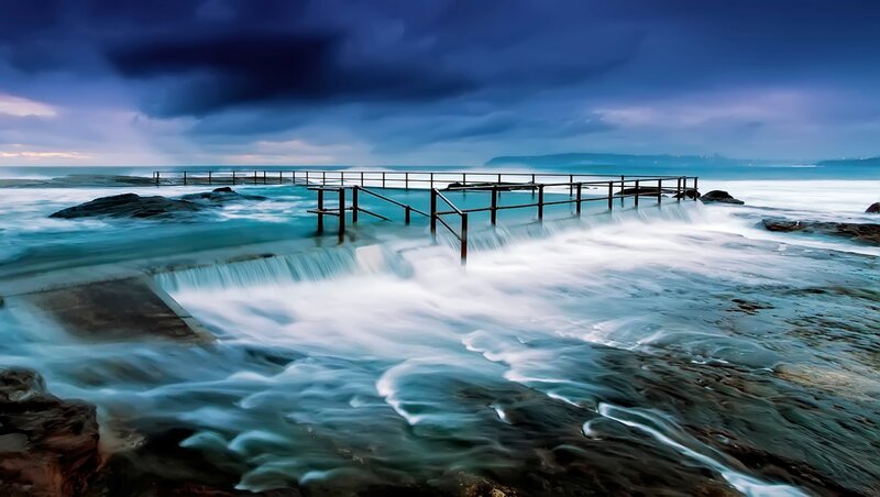 Ocean Pool with Waterfall — Blue