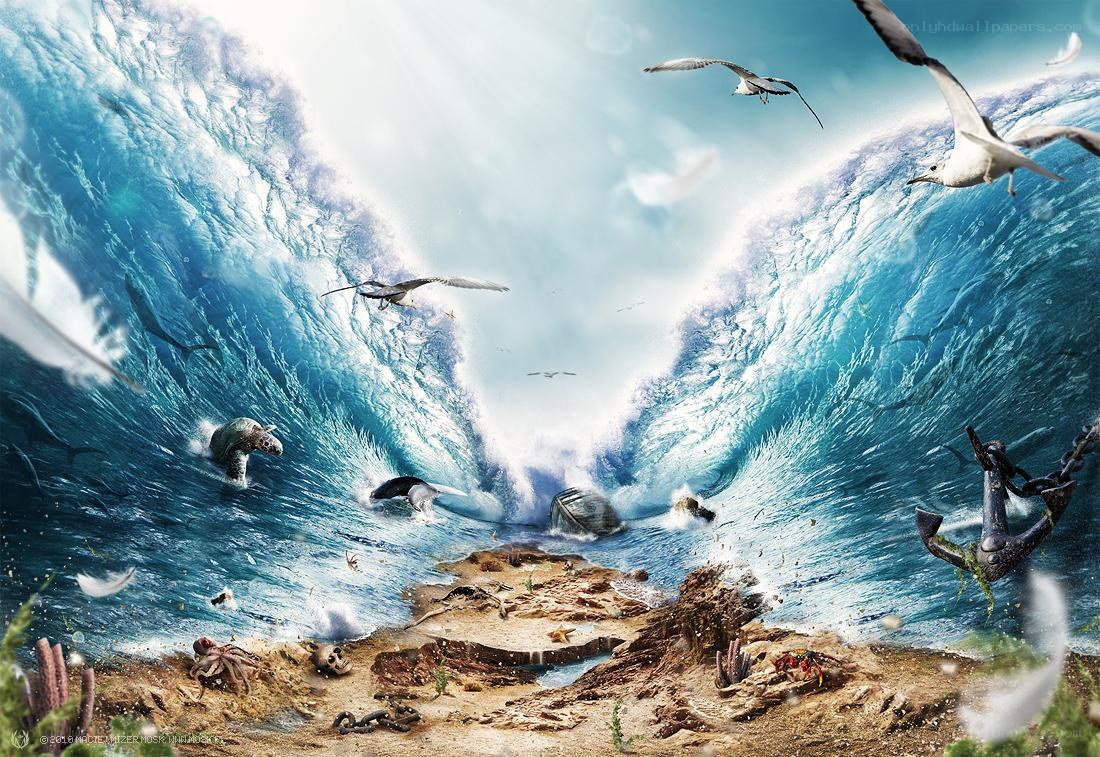 Ocean storm with sea creatures