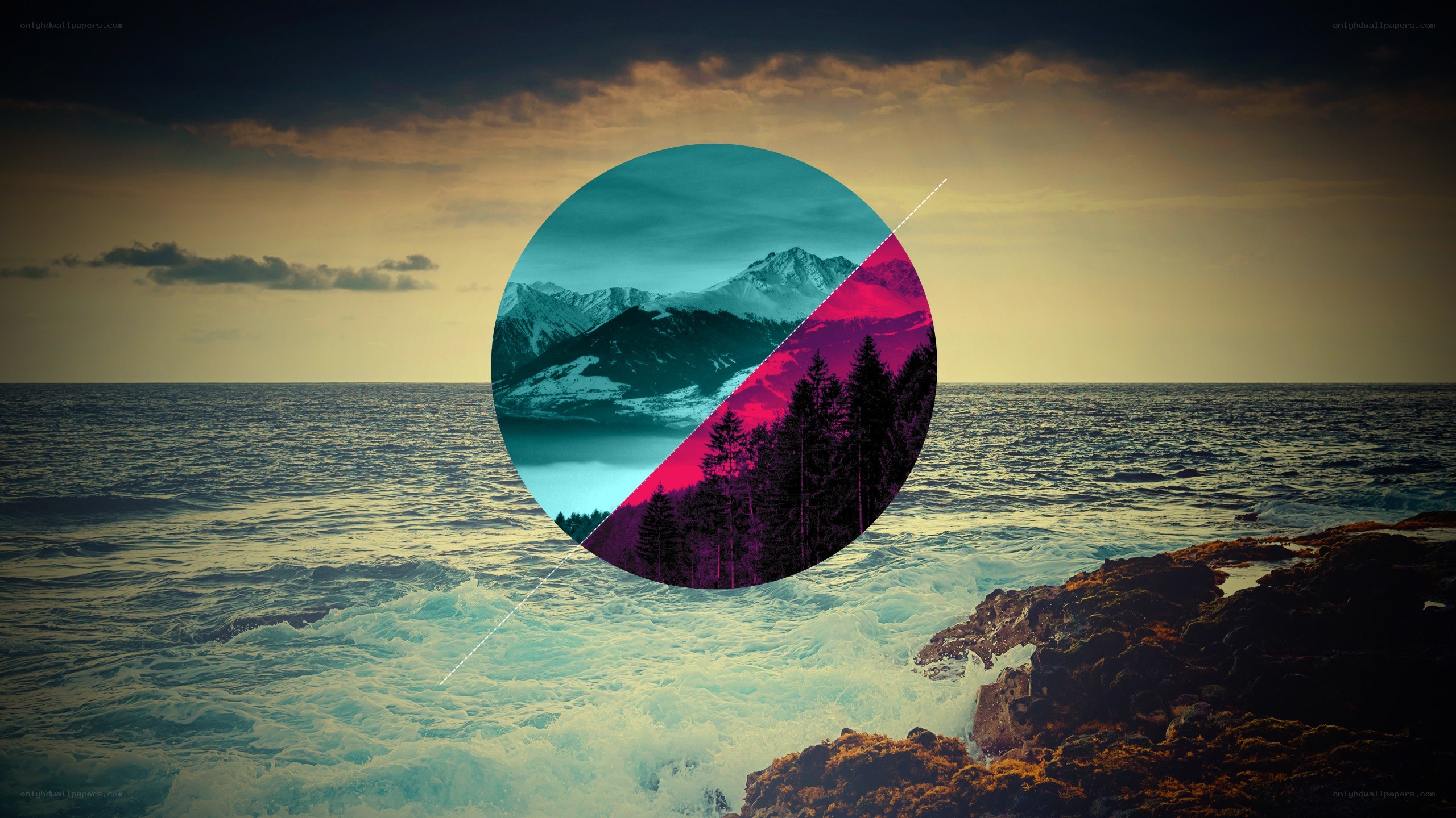 Ocean sunset with circular overlay