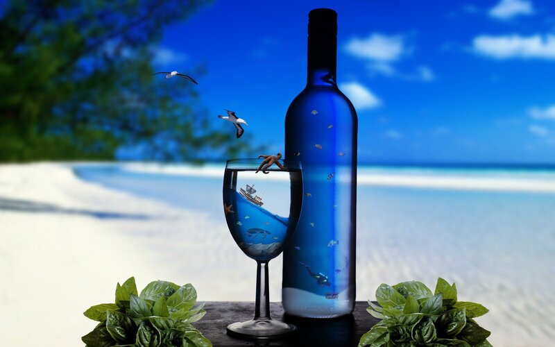 Ocean-themed bottle and glass