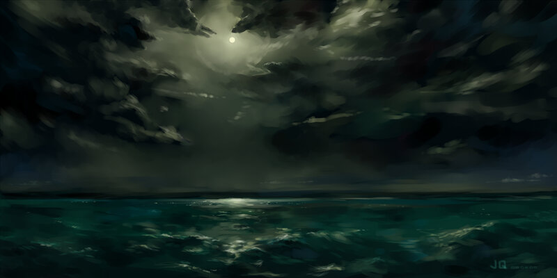 Ocean under Cloudy Night Sky