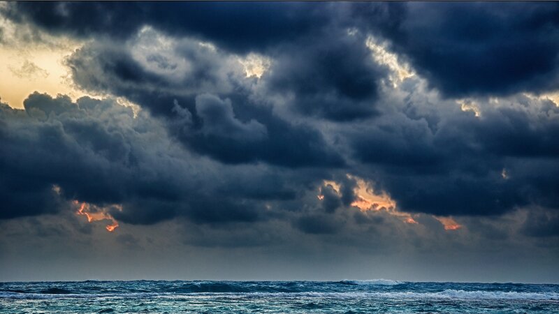 Ocean under Storm Clouds — Blue, Dramatic, Sunset, Photograph, Sunlight