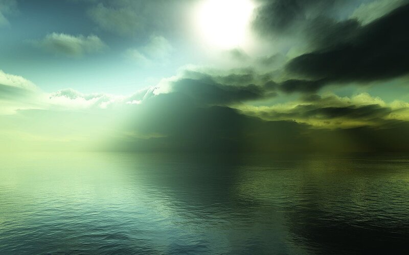 Ocean under Stormy Sky — Green, Dramatic, Afternoon, Digital Art, Clouds, Sunlight, Sea