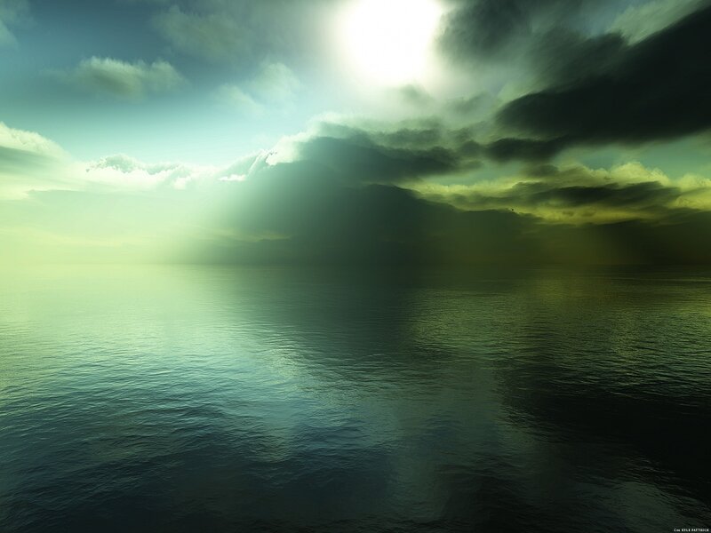 Ocean under Stormy Sky — Green, Dramatic, Afternoon, Digital Art, Clouds