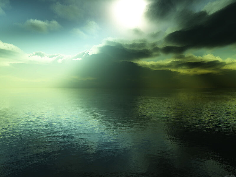 Ocean under Stormy Sky — Green, Dramatic, Afternoon, Digital Art, Sun