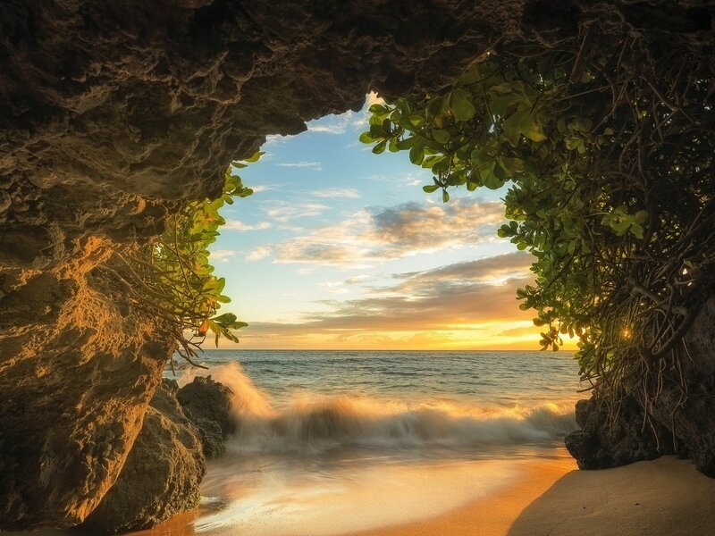 Ocean View from Cave — Blue, Serene, Sunset