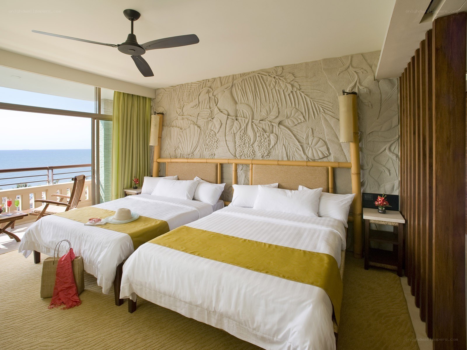 Ocean-view hotel room with two beds