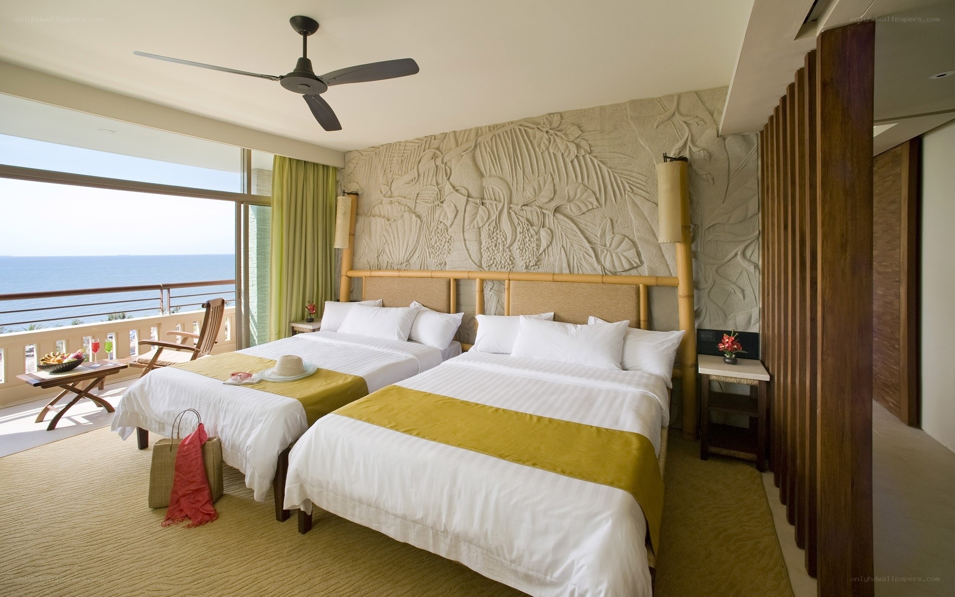 Ocean-view hotel room with two beds