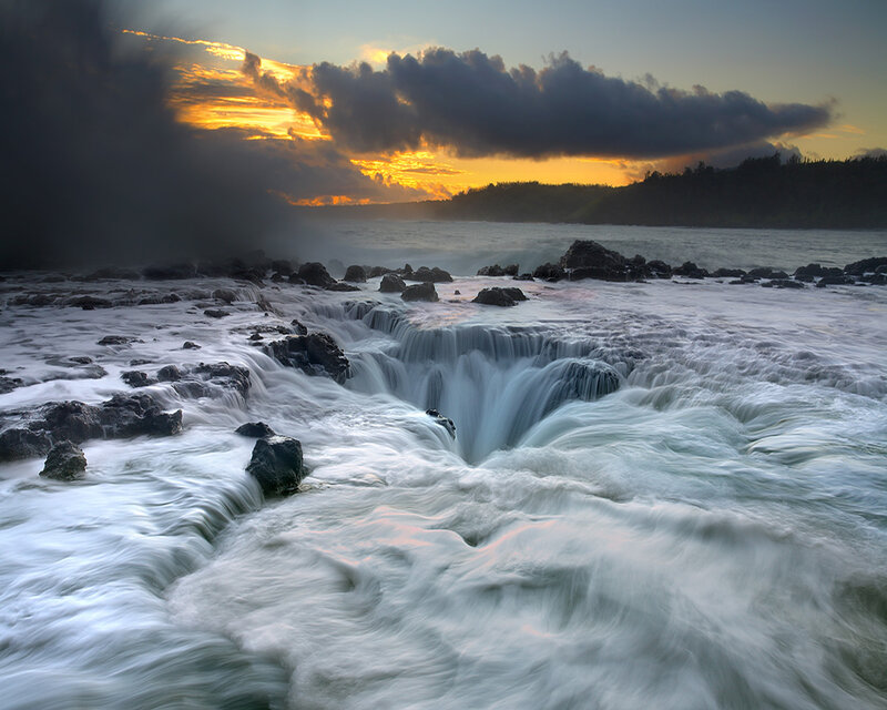Ocean Waterfall at Sunset — Blue, Dramatic, Photograph, Rocks, Clouds, Sea