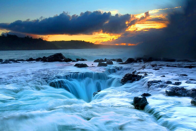 Ocean Waterfall at Sunset — Blue, Dramatic, Photograph, Rocks, Clouds