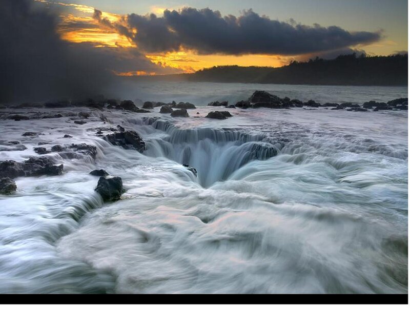 Ocean Waterfall at Sunset — Blue, Dramatic, Photograph, Rocks