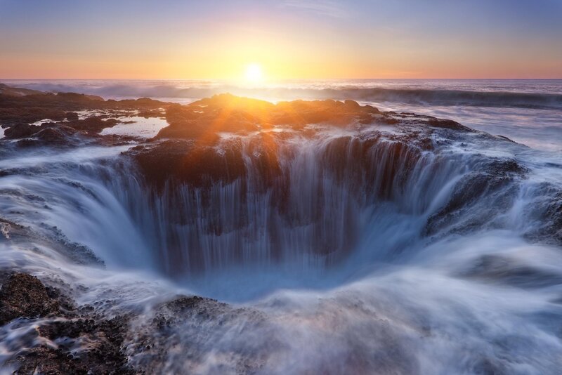 Ocean Waterfall at Sunset — Blue, Dramatic, Photograph, Sun, Waves