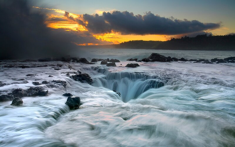Ocean Waterfall at Sunset — Blue, Dramatic, Photograph, Waves, Rocks
