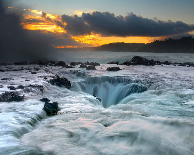 Ocean Waterfall at Sunset — Blue