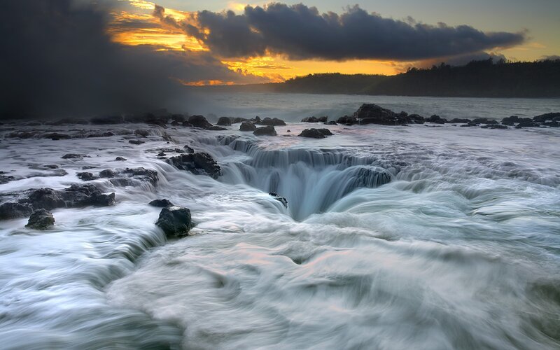 Ocean Waterfall at Sunset — Orange, Dramatic, Photograph, Rocks, Clouds, Sea