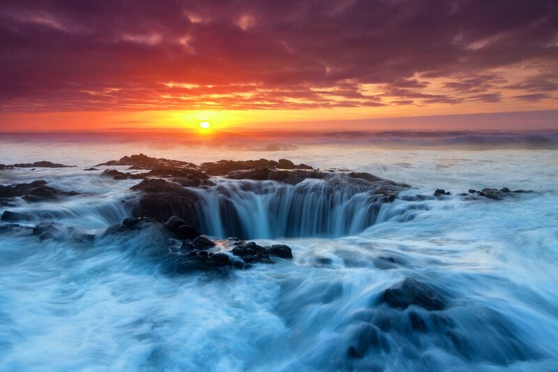 Ocean Waterfall at Sunset — Orange, Dramatic, Photograph, Sun, Rocks