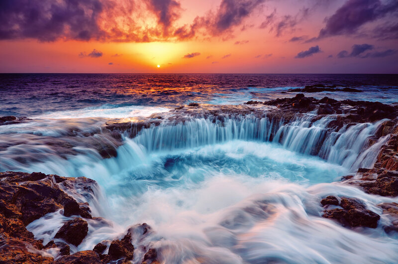 Ocean Waterfall at Sunset — Orange, Dramatic, Photograph, Sun