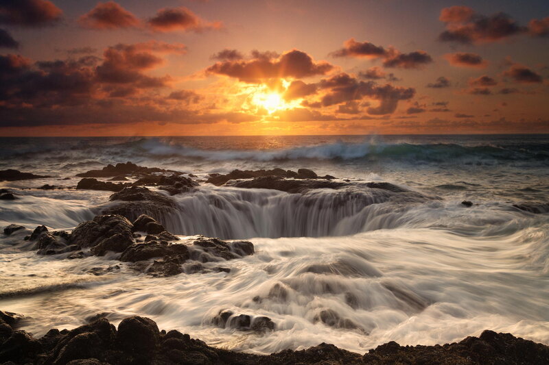 Ocean Waterfall at Sunset — Orange, Dramatic, Photograph, Waves