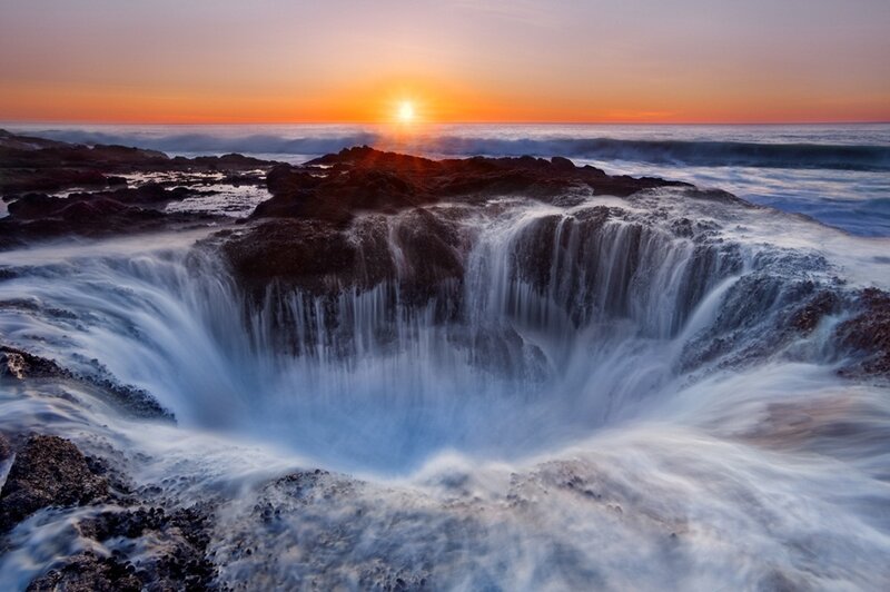 Ocean Waterfall at Sunset — Orange