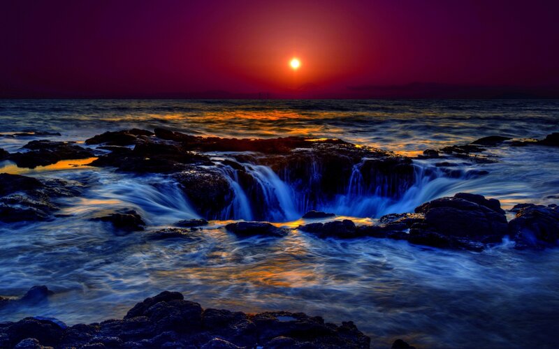 Ocean Waterfall at Sunset — Purple