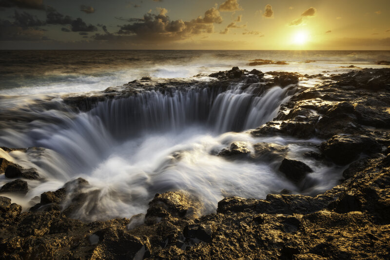 Ocean Waterfall on Rocks — Gold
